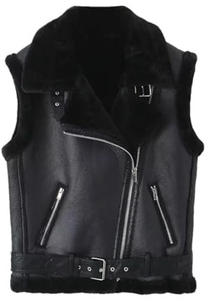 Hgvcfcv Damen Kunstfell-Weste Schaffell-Weste Lederjacke Fleece Warm Ärmellos Mantel, Schwarz , L