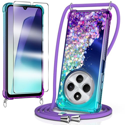 WQRTYJK Funda para Xiaomi Redmi 14C/Xiaomi Poco C75 con Cuerda + Cristal Vidrio Templado,Transparente Silicona Glitter Liquida Colgar Colgante Suave Carcasa, Púrpura