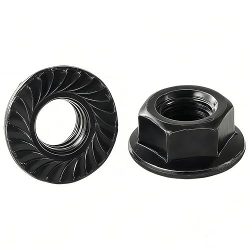 YIIFLY Tuercas hexagonales con brida M6-1mm, dentadas, acero aleado grado 10.9, tratadas térmicamente, oxidadas negras, 50 unidades