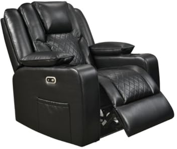 sleepkings Orlando 1 Seater Electric Recliner Armchair – Black Aire Leather Upholstery, Motorised Recliner Seat, USB Ports & Cup Holders, LED Lighting, Wireless Charging – Living Room Sofa