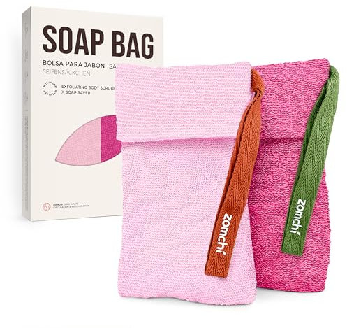 ZOMCHI Bar Soap Saver Bag with Different Roughness, Exfoliating Soap Bag, Soap Pouch for Body Wash (2 Pieces, Pink)