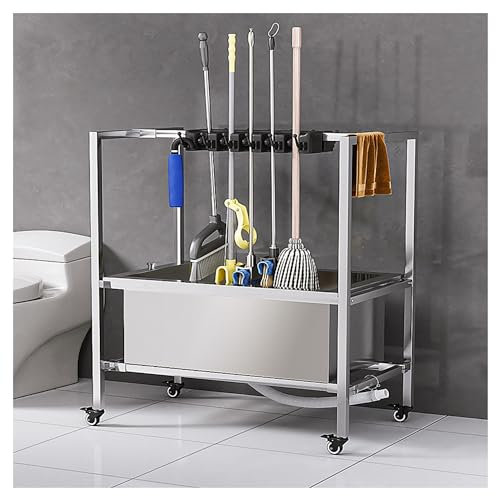 Drain Rack Broom Mop Holder Mobile Mop and Broom Holder Cleaning Supplies Carts on Wheels Mop Bucket Garden Tool Organizer Broom Closet Storage Cabinet Wet Mop for Housekeeping Home (One Color 81