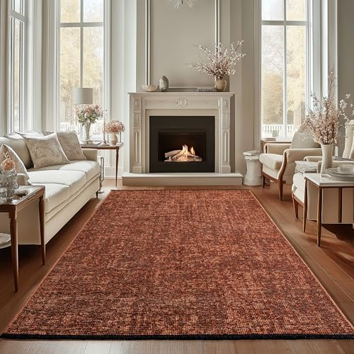 Carpettex Chenille Teppich Baumwolle Terrakotta 240x340 cm Boho-Stil, Vintage Kelim, Waschbar, Kurzflor, rutschfest & Weich, Einfarbig Meliert, Für Wohnzimmer, Schlafzimmer, Büro & Küche