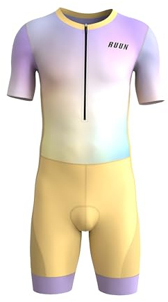RUUN Men’s Cycling Trisuit Half Sleeve with Pockets Mesh Triathlon Padded Suit with Hi Viz Reflection Skinsuit Power Band and Leg Grippers