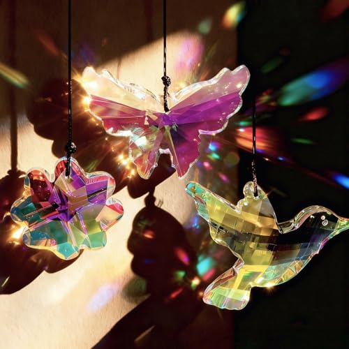 SNAIL GARDEN Set de 3 Atrapasoles de Cristal Colgantes - Pájaros, Mariposas y Flores - Prismas Decorativos Grandes para Ventana, Crean Arcoíris