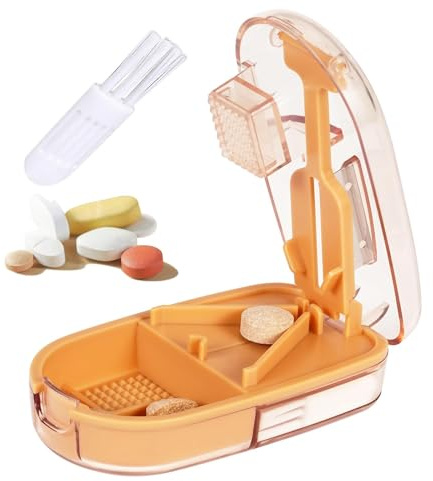 Clear Pill Cutter & Crusher - Präzisions-Tabletten-Splitter mit Sicherheitsklingenschutz, Pillenaufbewahrung und integrierter Reinigungsbürste - für kleine und große Pillen, reisebereit