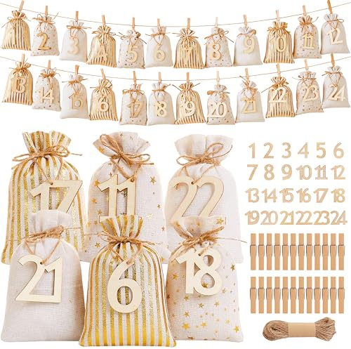 XIANNVXI Gold Adventskalender zum Befüllen Adventskalender 2025 Weihnachtskalender Selbst Gold Befüllen mit Zahlen Stoffbeutel DIY Säckchen Groß (Gold Füllbeutel)
