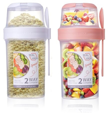 Osrioal 2 Pcs Overnight Oats Jar, Leakproof Breakfast Pots, Large Reusable Yogurt Pots with Lid and Spoon for Cereal Salad Yoghurt, On the Go Container for School Office