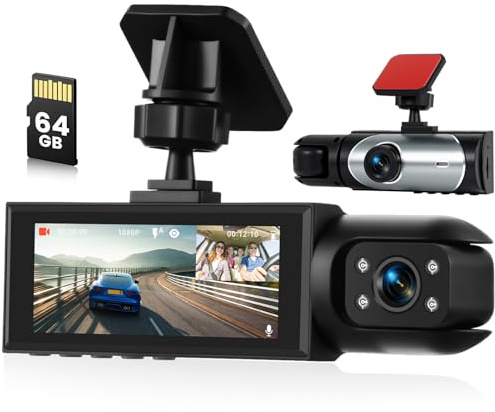 Inefala Dash Cam con Scheda 64GB, 1080P FHD Telecamera per Auto Mini, 2 Camera Anteriore e Interna, G-Sensor,Visione Notturna,Monitor di Parcheggio,Registrazione in Loop