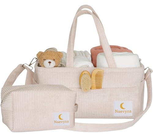 Naevyna Wickeltisch Organizer Set aus Cord 2-in-1, Wickelkorb Organizer für die Wickelstation mit Schultergurt & Wickeltasche, Baby Windel Caddy, Aufbewahrungskorb für Windeln, Geschenk zur Geburt