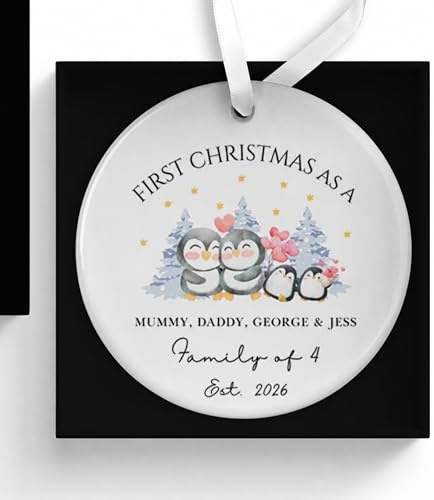 UNIQUEPGIFTS Personalised First Christmas Family of Four Bauble 2026 | Baby's 1st Xmas, Tree Ornament, Custom Names Ceramic Decoration