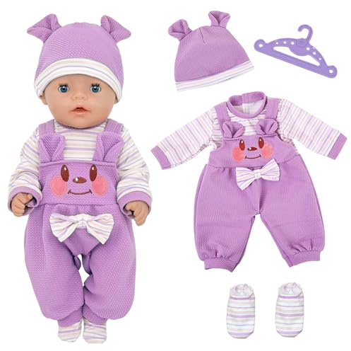 5 TLG Lila Puppenkleidung für 14-17 Zoll Puppen, Lila Kaninchen Babypuppen Outfit mit Overall Mütze Kleiderbügel Socken, Neue Lila Baby Puppenkleidung 35-43 cm, Geschenk für Kinder