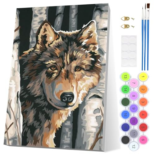 EOBROMD Wölfe Malen Nach Zahlen Erwachsene, DIY Handgemalt Tiere Ölgemälde Kit mit Rahmen, Paint by Numbers mit 3 Pinseln und Acrylfarbe Knitterfreie Leinwand Kit zur Heimdekoration 20x30cm