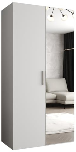 MEBLE KRYSPOL - Kleiderschrank - Garderobenschrank - 100 cm x 202 x 52 cm - Schrank mit Kleiderstange und Spiegel, 2 Türen - für Schlafzimmer, Flur - BARI, Weiß, Griff Silber