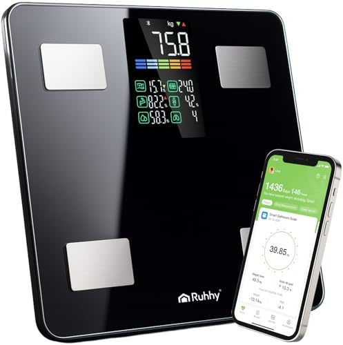 Körperfettwaage 226 kg Smarte Personenwaage mit BIA Analyse, BMI & 13 Körperwerten App Feelfit, LCD Anzeige, 50 g Genauigkeit Mehrbenutzer RUHHY (Schwarz)