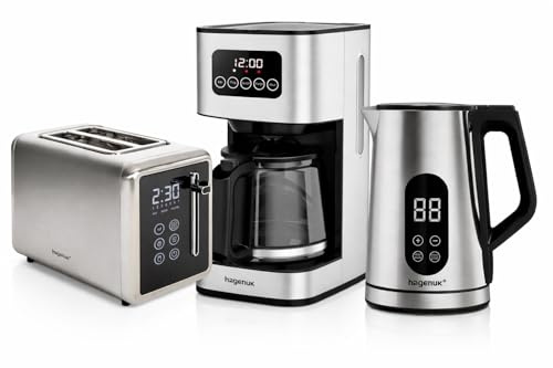 Hagenuk Digitales Frühstücksset Edelstahl – Toaster 850W, Filterkaffeemaschine 12 Tassen 1,5L mit Timer & Warmhaltefunktion, Wasserkocher 2200W 1,7L mit Temperaturwahl & Touch