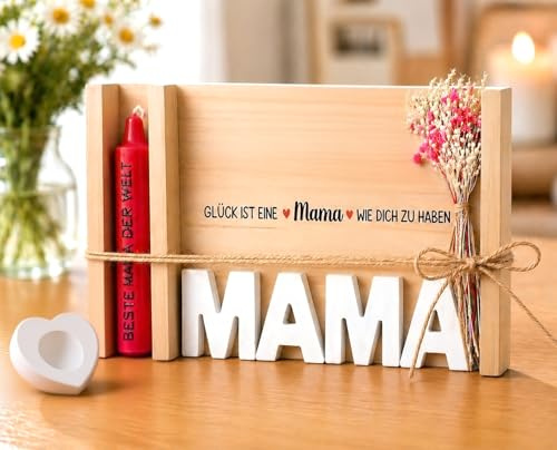 TUZELIYA Mama Geschenk - Kerzenset mit Herzkerzenhalter Trockenblumen in Holzbox - Geschenke für Mama zum Geburtstag, Mutter Geburtstagsgeschenk