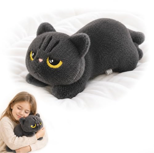 Grau Katze Kuscheltier 50CM, Gewichtskuscheltiere für Erwachsene Freund | Kawaii Black Cat Stofftier, Katzen Dekofigur Plüsch für Zuhause, Büro, Moderne Raumdekoration, Kuschelkissen und Geschenk