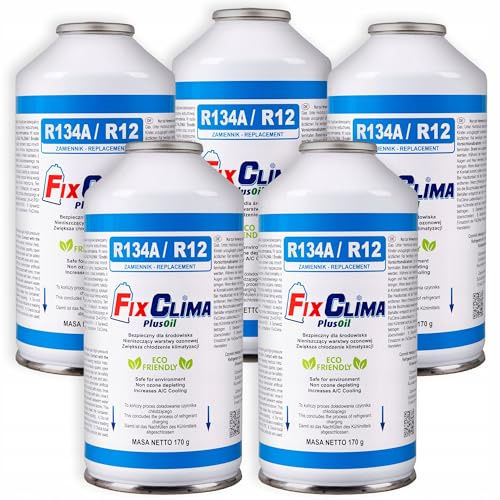 FixClima 5x Auto Klimaanlage Gas Nachfüllset R134a R12 Ersatz Kältemittel, Klimagase Set für Autos von 1994-2016, 5 Dosen je 170g Kältemittelgas inklusive integriertem Öl
