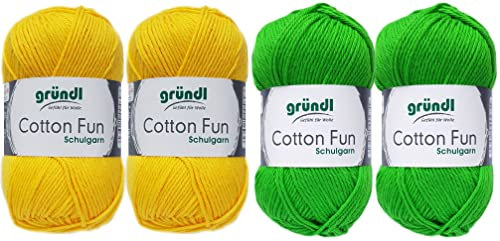 SB Pack Gründl Cotton Fun Häkelset für Topflappen Inhalt 4x50g Material 100% Baumwolle incl. Gratis Häkelanleitung und Häkelnadel (Grün, Gelb)