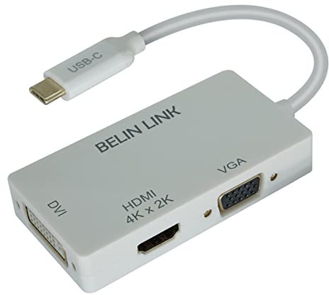 BELIN LINK Adaptateur USB C vers HDMI DVI VGA, 3 en 1 USB-C vers HDMI 4K, VGA, DVI, convertisseur vidéo multi-écrans pour Mac Pro, MacBook Air, iPad Pro, XPS, etc (C0301W)