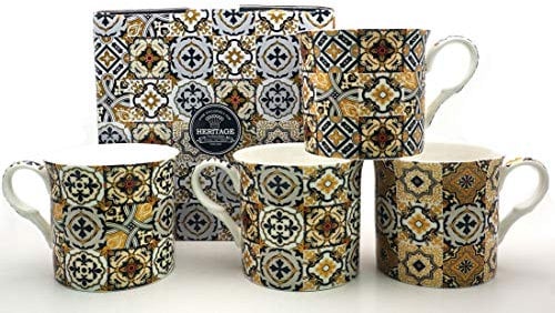 FINE Bone China Set of 4 Mugs Gift Boxed Assorted Black AZULEJO Mugs Free UK DELIVERY