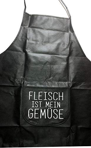 Küchen- Grill- Back- Koch-Schürze mit lustigem Spruch: Fleisch ist mein Gemüse in Schwarz mit Tasche Unisize für Oma Opa Mama Papa Herren Damen Jungen Mädchen EINWEG -verpackt (Schwar4)