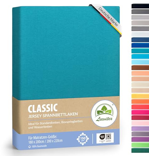 leevitex® Premium Wasserbett & Boxspringbett Spannbettlaken | 100% Baumwolle | 150 g/m² | Markenqualität | Ökotex |180 x 200 – 200 x 220 cm - Petrol/Smaragdblau