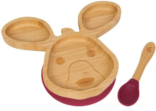 beaubaby® Kangaroo Bamboo Suction Plate for Babies and Toddlers with Silicone Suction and Baby Spoon for Self-Feeding, Baby Led Weaning and Portion Control Divider Plate (Cherry)
