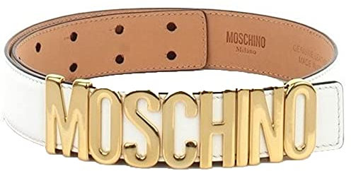 Moschino Weißer Ledergürtel mit großem goldenem Logo Gr. 46