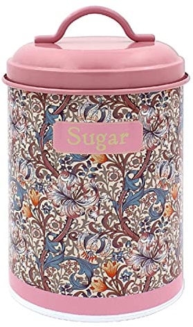Lesser & Pavey Pink Sugar Canister Golden Lily Floral Flowers Tin Metal Container Storage Lid