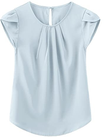 TASAMO Womens Tops Crew Neck Cap Short Sleeve Blouses Chiffon Pleated Tunic Tops Casual T Shirt Light Blue