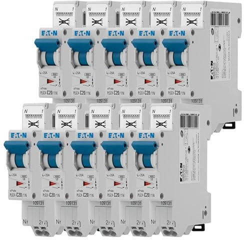 EATON 109131 PLGC4-C20/1N - DISJONCTEUR MODULAIRE PH/N - Blanc - MANETTE BLEUE - 1P+N / 20 A - COURBE C - Raccordement direct sans vis - 10 disjoncteurs