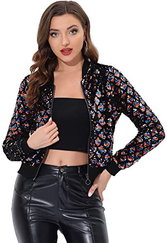 Allegra K Damen Party Glitzerjacke Bomberjacke Pailletten Glitzer Langarm Reißverschluss Club Kurze Jacke Regenbogen XS