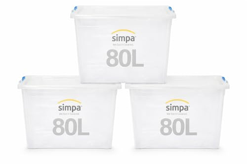 simpa 80 Litre 80L Stackable Plastic Storage Box with Clear Click Lock Closure Lid - 39cm (H) x 58cm (L) x 40cm (W) - Set of 3