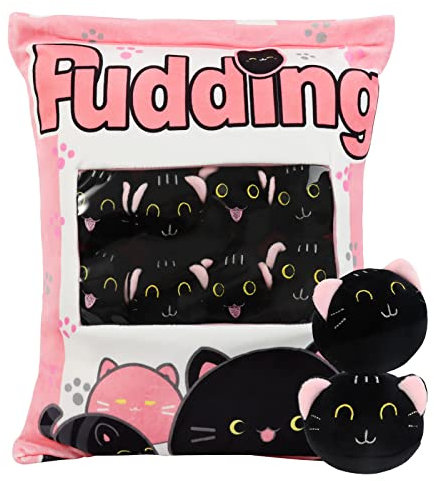 HXPLN Schwarze Katze Plüsch Kissen, abnehmbare Katze Plüsch Spielzeug, Pudding Katze Kissen, Tasche mit Katze Plüsch, niedliche Katze Dekoration Geschenk für Jugendliche, Kinder (8 rosa Kätzche)