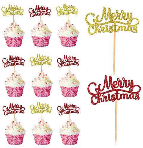 Christmas Cupcake Toppers 40Pcs Merry Christmas Cake Topper,Christmas Cake Toppers Toothpick,Flags for Christmas Cake Decorations for Xmas Party New Year Ceremony Decor Party Supplies