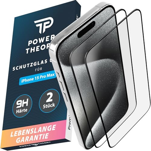 Power Theory Schutzglas für iPhone 15 Pro Max Schutzfolie, Ultra-Glas Displayschutz Folie mit 9H Glas Bruchfestigkeit, Blasenfreie Anbringung & Schnelle Installation [2 Stück]