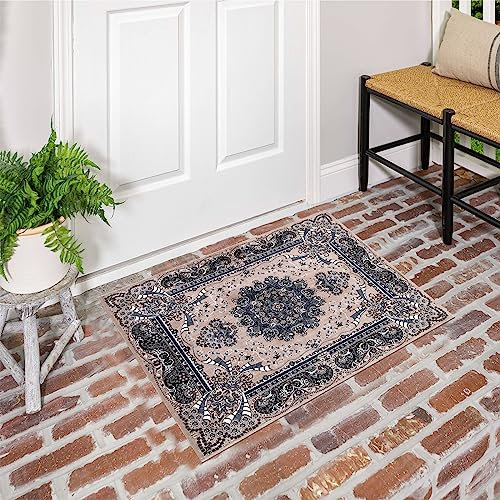 cozily® Floral Pattern Washable Jute Back Rug, 60 x 110 cm (2 ft x 3 ft 7 in) - Beige - Jute Back Small Door Mat for Indoor, Bedside, Door, House Floor, and Kitchen