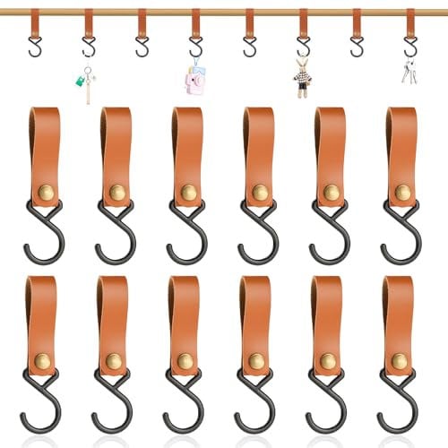 DBALL 12 Pezzi Ganci a S in Pelle Multifunzione Cucina Strofinacci Ganci a S per Appenderlo Pentole Padelle Ganci da Campeggio Tazze da Caffè Utensili da Esterno (Marrone)