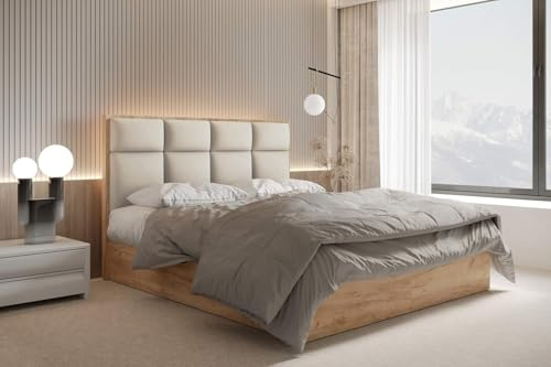 TRADA Boxspringbett 160x200 cm mit Taschenmatratze, Selva, Beige | Boxspringbett mit Holzelemente und Bettkasten, mit Holzelemente