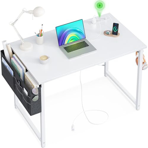 KKL Kleiner Schreibtisch mit Steckdosen und USB-Anschluss, Computertisch für Heimbüro, Gaming, einfacher moderner Stil, Schreibtische mit Aufbewahrungstasche, Kopfhörerhaken, 81,3 cm, Weiß