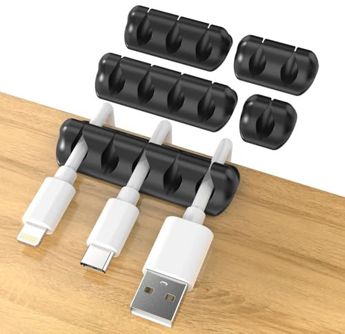 Organizador Cables Escritorio, 5 Piezas Clips de Cabos Autoadhesivos para Sujetar USB Cord Pared en Hogar Oficina Sujetacables, Cable Fixing con Ranchura 1/2/3/4/5