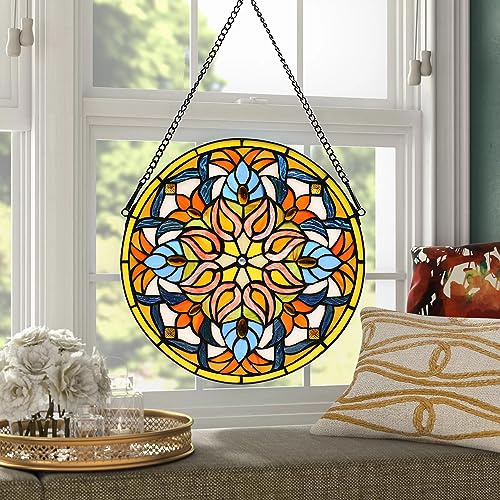 YOURANJU Pannello in vetro colorato da appendere alla finestra, rotondo, 30,5 cm, con foglia d'acero gialla, stile tiffany, acchiappasole, perfetto come regalo di inaugurazione della casa (con gancio