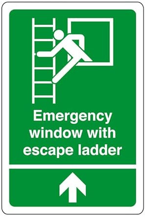 Emergency window with escape ladder arrow up - safety sign - High tack self-adhesive sticker (150mm x 100mm) Viewing Distance within 3m.