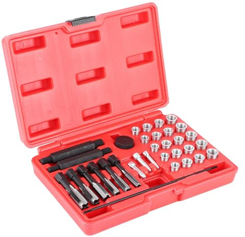 Glühkerzengewinde-Reparaturset, 33-teilig, 6 Gewindebohrer, Stahl | 33-teiliges Werkzeug-Kit für Zylinderkopf, 4 Gewindegrößen-Adapter, inklusive M8-M14 Gewindeeinsätze und Führungsstifte,