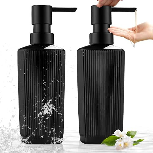 LEKEFETO Lot de 2 distributeurs de savon en verre noir mat 350 ml - Distributeur de savon moderne en verre - Distributeur de savon pour cuisine et salle de bain - Pour lavage à la main, liquide