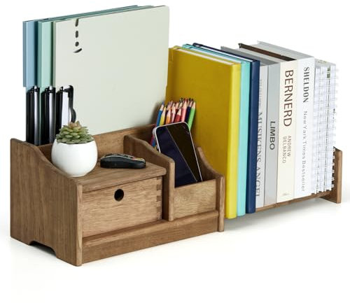 KIRIGEN Verstellbares Holz Bücherregal mit Schublade – Komplett Montierter Schreibtisch Organizer, Platzsparendes Regal für Bücher, Akten und Magazine gelb-braun