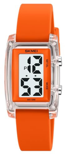 findtime Reloj digital para mujer y mujer, reloj de pulsera digital, resistente al agua, reloj de pulsera para mujer con correa de goma suave e indicador grande de números, naranja, Correa