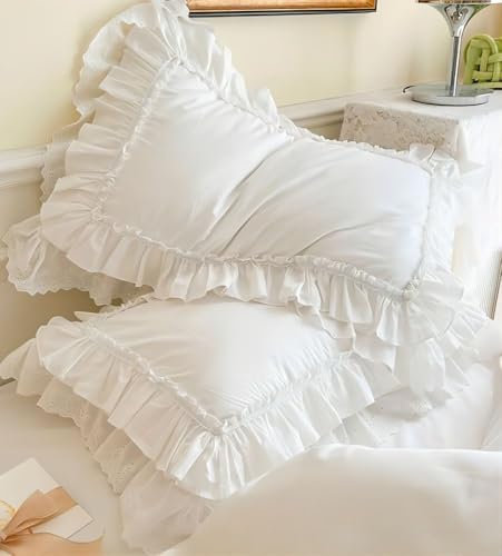 MASINIES Französische Vintage-Kissenbezüge, Spitzen-Kissenbezüge, Rüschen, Baumwolle, Kissenbezüge mit Hotelverschluss, 2 Stück